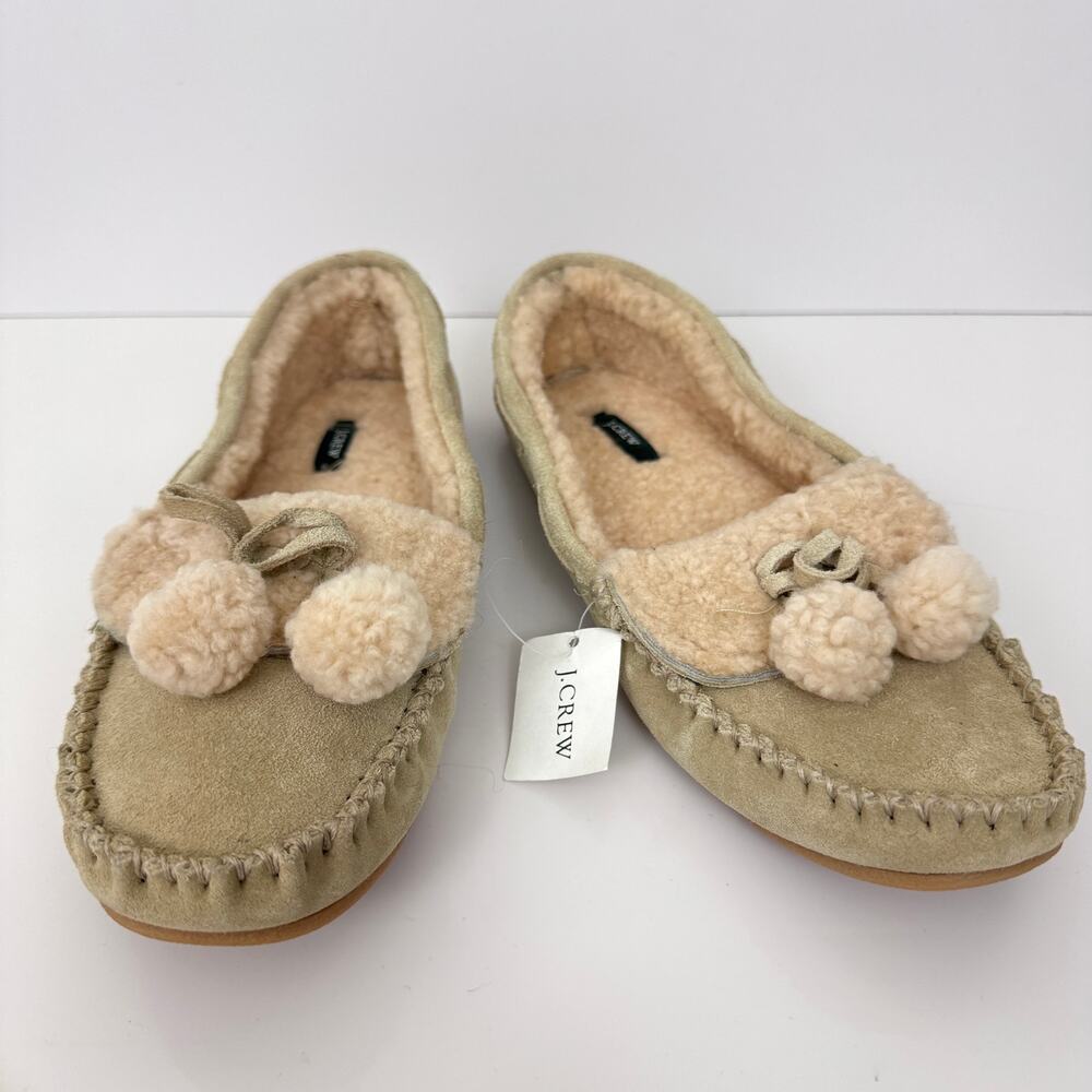 J. Crew Womens Pom Pom Suede Slippers Size 9 Leather Winter Classic Lined Beige